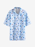 Drop Shoulder Butterfly Print Pocket Shirt L Light blue