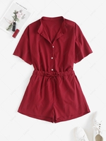 Drop Shoulder Button Up Drawstring Shorts Set L Deep red
