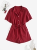 Drop Shoulder Button Up Drawstring Shorts Set M Deep red