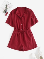 Drop Shoulder Button Up Drawstring Shorts Set M Deep red