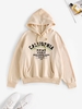Drop Shoulder California Coconut Tree Print Thermal Lined Hoodie L Light coffee