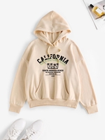 Drop Shoulder California Coconut Tree Print Thermal Lined Hoodie L Light coffee