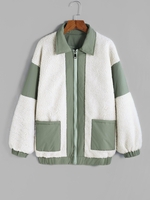 Drop Shoulder Colorblock Teddy Coat L Light green