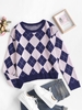 Drop Shoulder Crew Neck Argyle Sweater L Deep blue