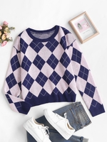 Drop Shoulder Crew Neck Argyle Sweater M Deep blue