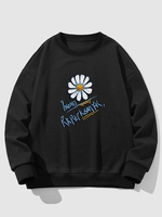 Drop Shoulder Daisy Print Knit Sweatshirt L Black