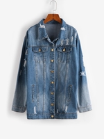 Drop Shoulder Distressed Denim Jacket S Blue
