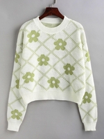Drop Shoulder Flower Plaid Print Sweater M Green