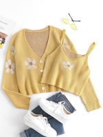 Drop Shoulder Flower Short Cardigan and Cami Top Set M Deep yellow
