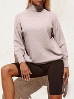 Drop Shoulder Funnel Neck Ribbed Trim Sweater Light coffee