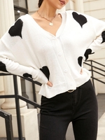 Drop Shoulder Heart Graphic Knit Cardigan L White
