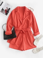 Drop Shoulder Lapel Pocket Three Pieces Shorts Set M Orange