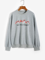 Drop Shoulder Mushroom Pattern Sweatshirt L Gray
