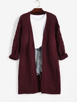 Drop Shoulder Openwork Collarless Longline Cardigan M Deep red