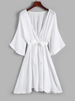 Drop Shoulder Plunging Belted Cover Up Dress White