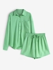 Drop Shoulder Pocket Bowknot Loose Shorts Set M Green