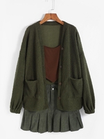 Drop Shoulder Pocket Button Up Teddy Coat S Deep green