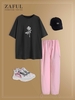 Drop Shoulder Rose Print T Shirt with Cargo Parachute Pants Set Black
