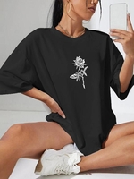 Drop Shoulder Rose Print T Shirt Xl Black