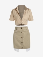 Drop Shoulder Shirt and Button Up Contrast Layered Mini Skirt Light coffee
