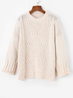 Drop Shoulder Slit Cable Knit Sweater White