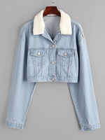 Drop Shoulder Teddy Faux Shearling Collar Denim Jacket M Light blue