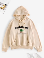 Drop Shoulder Tree California Print Thermal Lined Hoodie S Light coffee
