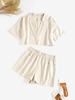 Drop Shoulder V Neck Pocket Wide Leg Shorts Set Xl Light coffee