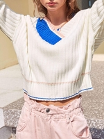 Drop Shoulder V Neck Preppy Stripes Sweater White