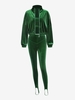 Drop Shoulder Zip Up Velvet Three Pieces Stirrup Pants Set L Green