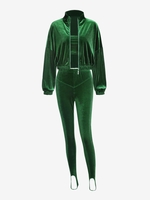 Drop Shoulder Zip Up Velvet Three Pieces Stirrup Pants Set S Green