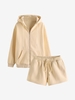 Drop Shoulder Zipper Hoodie and Pocket Shorts Set M Light coffee