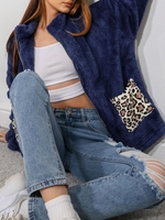 Dual Pocket Leopard Panel Fluffy Coat M Deep blue