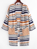 Dual Pocket Open Front Stripes Cardigan Blue