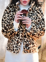 Dual Pocket Zip Up Leopard Faux Fur Coat S Coffee
