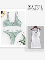 Dual Strap Ring Embellished Floss Bikini and Crochet Beach Dress Green