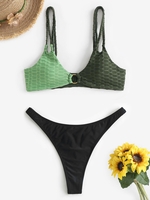 Dual Strap Textured O Ring Half and Half Thong Bikini Set Multi a
