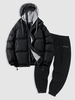 Dual Zip Colorblock Faux Twinset Puffer Padded Coat and California Embroidered Fuzzy Polar Fleece Beam Feet Pants Set Black
