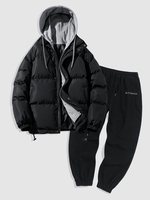 Dual Zip Colorblock Faux Twinset Puffer Padded Coat and California Embroidered Fuzzy Polar Fleece Beam Feet Pants Set Black
