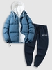 Dual Zip Hooded Pocket Puffer Padded Coat with Fuzzy West Coast Embroidered Polar Fleece Sweatpants Set Blue
