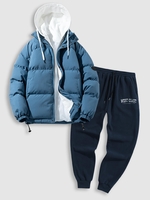 Dual Zip Hooded Pocket Puffer Padded Coat with Fuzzy West Coast Embroidered Polar Fleece Sweatpants Set Blue