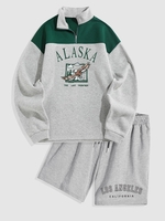 Eagle Graphic Fleece Quarter Zip Sweatshirt and Letter Printed Shorts Set Gray