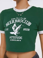 Eagle Letter Print Crop Ringer T Shirt L Deep green