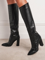 Embossed Chunky Heel Knee High Boots