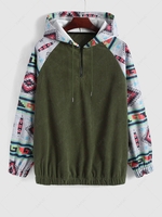 Ethnic Style Geometric Pattern Quater Zip Pullover Hoodie L Deep green