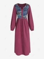 Ethnic Tribal Print V Notched Maxi Dress S Deep red
