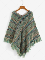 Ethnic Zig Zag Fringed Trim Poncho Sweater L Multi a