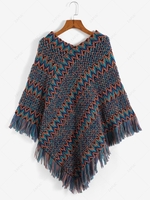 Ethnic Zig Zag Fringed Trim Poncho Sweater M
