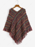 Ethnic Zig Zag Fringed Trim Poncho Sweater S Multi b
