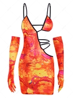 Evening Gloves Tie Dye String Cutout Bodycon Dress L Orange